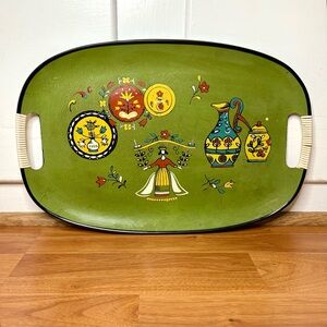 Vintage MCM Green Hand-painted 18” Folk Art Serving Tray